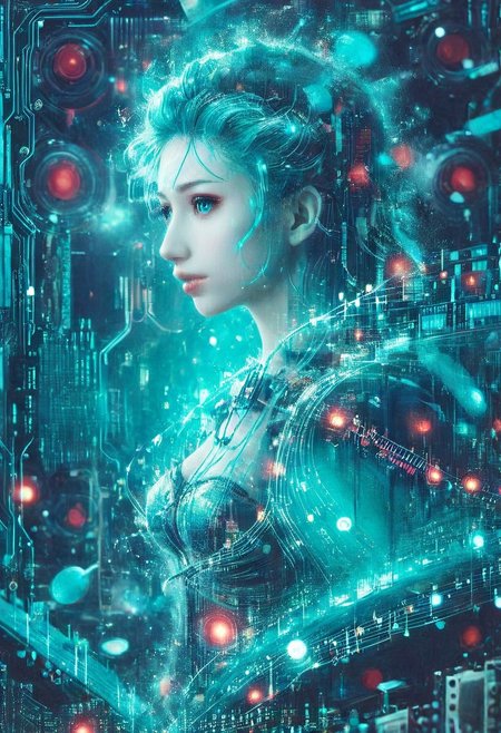 double exposure of opera diva Hatsune Miku with long floating aqua twintails singing high note merging with a printed circuit board of Yamaha electronics chip processor, <lora:DoubleExposure:1>, (head:1.8), <lora:The Phantom of the Opera style:1.5> The Phantom of the Opera style, <lora:loraeyesxl:0.4>