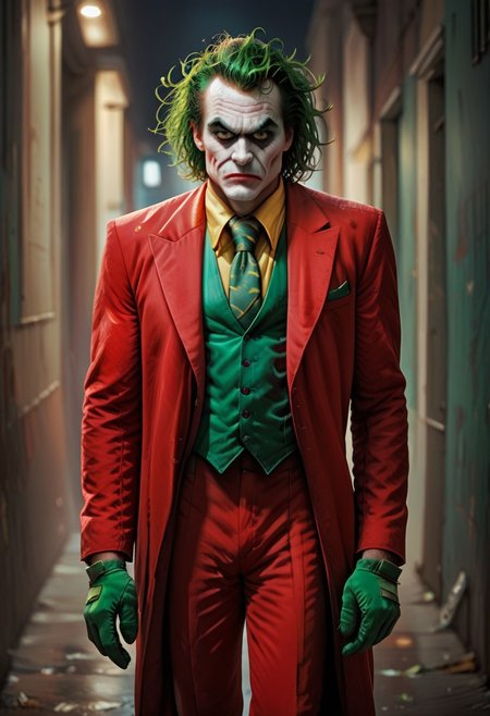 score_9, score_8_up, score_7_up, score_6_up, hand, 
hand, 1boy, The Joker, standing, looking to viewer, pout, green messy hair, pout, red formal suit, red jacket, red pants, green necktie, green gloves, yellow vest, holding leather belt