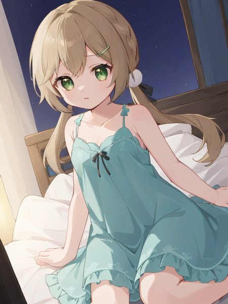 <lora:xl_ééæµè¯0.6æ­£å+å¤ç´ æ-000014:0.9>,qingque girl,low twintails,green eyes,light brown hair,nightgown