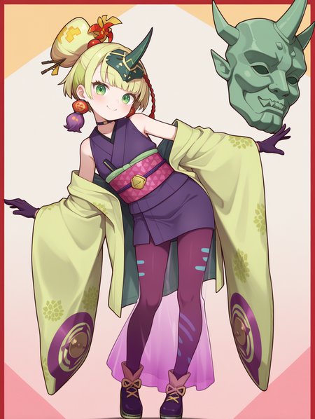 no-p.u.n.k. deer note,1girl,solo,smile,purple gloves,looking at viewer,full body,black gloves,bare shoulders,closed mouth,pink see-through long skirt,red hair ornament,purple tassel earrings,black choker,black horn headpiece,purple sleeveless kimono,pink sash,floating green oni mask,purple thighhighs,red border,hands_on_own_knees,head tilt,leaning to the side,:o,
masterpiece,best quality,amazing quality,very aesthetic,absurdres,newest,<lora:No-P.U.N.K. Deer Note illusXL v1:0.75>,