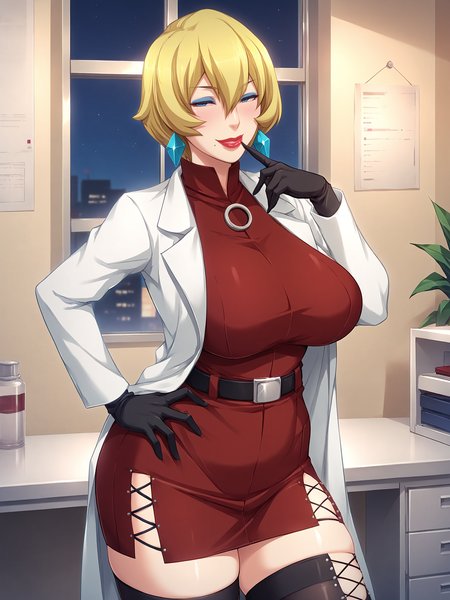 score_9, score_8_up, score_7_up, score_6_up,  shadow, dark,
Ichijou Shizuka,a girl is standing, hand on own hip, hand on own hip, cowboy shot, finger to mouth,
1girl, mature female,
looking at viewer, blush, light smile, naughty face,
blonde hair, short hair, blue eyes, makeup, eyeshadow, lipstick, lips, mole under mouth, earrings,
lab coat, open coat, red dress, short dress, black gloves, black thighhighs,  cross-laced legwear, turtleneck, belt,
huge breasts, thick thighs,
indoors, lab, room, window, night,
<lora:Ichijou Shizuka3216PDXL:1>