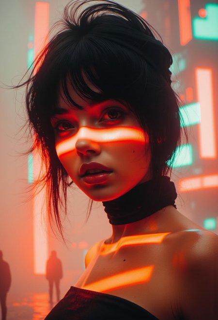 Expanding pixel, glitching, 3D game art, dots, voxel style, neon mist, white dust, monochromatic with neon orange color pops. A close-up portrait of a vintage, nude city ninja with a typical ahegao expression—her eyes half-lidded, mouth slightly open—creating a powerful contrast against the digital chaos around her. Her tousled, jet-black hair and headband flutter in the digital wind, cascading down to cover her ample chest. The focus is tight on her upper body, where her bare skin blends into the glowing, glitching city backdrop, with sharp orange neon accents tracing her silhouette. The glitch effects distort her surroundings, but her ahegao expression remains clear, exuding both intensity and mystery. The background flickers in grainy, orange-tinged film, adding a layer of digital decay to the entire image. The scene pulses with neon energy, creating an atmosphere of tension and allure. Crossed eyes.