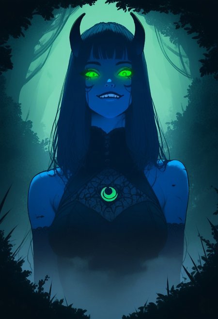 score_9, score_8_up, score_7_up, score_6_up, score_5_up, flat color, sinozick style, john kafka, (1girl, blue skin, seductress, succubus, naughty smile, green eyes, glowing eyes), succubus costume, (forest, giant, CR33P1NGF0G, fog)