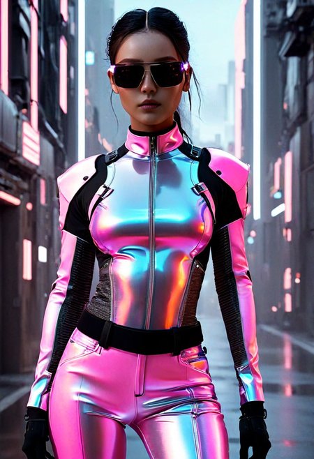 score_9, score_8_up, score_7_up, raw,32K, UHDR, (ultra-quality:1.6),1girl, in Cyberpunk style, revealing and exposing clothes, cinematic, wearing lit fiber optics, oxigen-support-gadgets, strong parallel lines and nodes, extremely detailed cute face,
Tech-infused, advanced materials bound technology and design. stimuli reactive to color-changing , psicho texture-shifting. ,integrate neon lights for visual flair.  sleek, angular shapes with sharp lines, including bodysuits and structured jackets. High-tech accessories are integral futuristic AR glasses, neural interfaces and cybernetic jewelry.  cargo pants, utility belts, and harnesses for gadgets. Bold colors dominate, with vibrant neons and electric obsidian:0.9 or pink:0.6 contrasting against deep agate:0.9 or pure-snow-white:0.9. Dystopian influences inspire distressed fabrics, industrial hardware, and asymmetrical designs, reflecting the chaotic cyberpunk ethos. glowing boots
