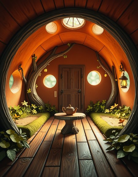 A highly detailed, realistic photograph of a tiny gnome house nestled at the base of an ancient oak tree, taken in soft morning light with a gentle mist hanging in the air. The house is crafted from natural materials: smooth stones form the lower walls, and curved wooden planks create a round, thatched roof with patches of moss and small wildflowers growing on top. Tiny circular windows with stained glass panels glow faintly from within, casting warm amber and green hues. A miniature wooden door with intricate carvings sits slightly ajar, surrounded by tiny lanterns that hang from delicate hooks, each softly glowing. Around the house, the forest floor is covered in dew-kissed clover, mushrooms of varying sizes and colors, and winding little cobblestone paths. In the background, tall ferns and oversized leaves tower, giving the scene an enchanted, hidden feel. Subtle rays of sunlight break through the canopy above, highlighting fine details with a dreamy, ethereal atmosphere. Hyper-realistic style, high-resolution, rich earthy tones, with an overall cozy and magical woodland vibe. No creatures or people, only nature and the charming architecture of the gnome's home.
<lora:SDXLFaeTastic2400:0.4> <lora:extremely_detailed:0.4> extremely detailed, <lora:tiny_gnome_h0us3-i:1>,tiny gnome h0us3, Masterpiece,best quality,hi res,8k,hi res,8k,award winning,(sharp focus, intricate, highly detailed),