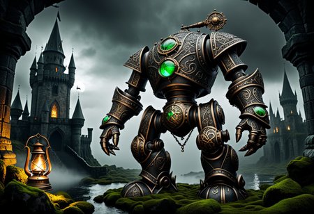 giant bipedal robot dirty dark silver and dark green, bronze paisley robot. lacy robot metal kettle head. outside of a steampunk keep. large detailed torso. dark image. one forty foot tall ancient robot with great arms and two heavy spring legs. dark foggy night background. $dark foggy night image only. dark photo realistic image. steampunk details. cogs, chains and pipes incorporated in the fantasy buildings. magic wizards tower in background. Dark swamp, moss, castle ruins, wizards tower. stormy dark night.  stormy sky.