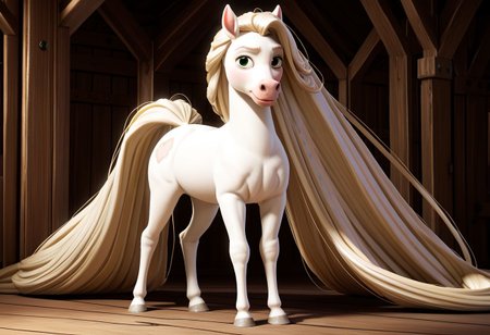Score_9,  score_8_up,  score_7_up,  original style, 3d disney anime, Maximus the white horse, solo, (A full body image of a horse with an endlessly long white Rapunzel-Style mane), (absurdly long white Rapunzel-Style mane:1.4), (meters of hair without end:1.2)
