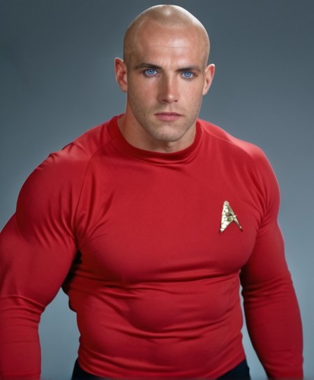 1boy, 20 year old male, Handsome, masculine, blonde, star trek, red shirt, muscle,  tall, tight shirt, wide pectorals, big shoulders, wide shoulders, muscular neck, German, bald, big pale blue eyes, abs, biceps,

stunf, star trek uniform,