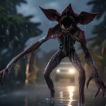 Demogorgon1024, a threatening monter, driping wet, fighting pose, dark, rain, horror, scary, highly detailed , ultra sharp, photograph, film, bokeh, professional, 4k, highly detailed   <lora:add-detail-xl:1.5>