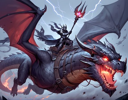 score_9, score_8_up, score_7_up, nighttime, epic image of an armored man riding a huge dragon through a dark sky, flying, lightning, black armor, darkness, horns, horned helmet, dark mood, otherworldly, dark clouds, dark lord, holding staff, glowing eyes <lora:dragonriderpxl:0.8>, dragonriderpxl, motion, action shot, best quality, masterpiece, photorealistic, vortex in sky, dark magic