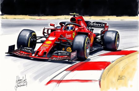 Sharp image of a rough sketch, rendered in vibrant multi colour ballpoint pen, capturing the adorable features of a Formula One racing car on a race track. The car is red and black in color with the word "Ferrari" written on the side in white letters. It is moving at a high speed, with the wheels slightly blurred as it navigates the curve. The track is curved and has a red and white checkered pattern on the sides. The background is dark, indicating that the photo was taken at night.  p3nsk, <lora:p3nsk:1>