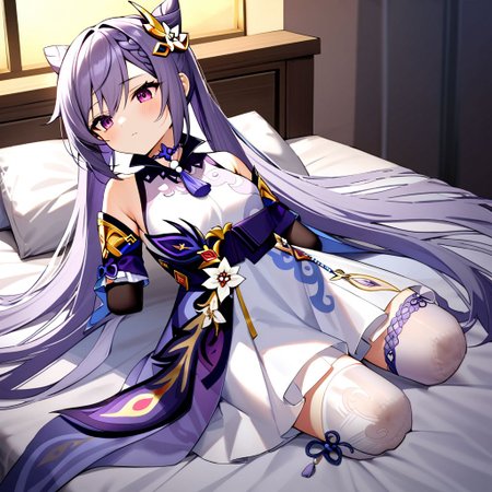 masterpiece, best quality, absurdres, very authentic, three-quarter view, 1girl, solo, full body very long hair, looking at ceil, silence, lose mind, colored inner hair, (armless amputee:1.2), (legless amputee:1.2), lying on the royal bed, expressionless, looking down, indoors, dusk, backlighting, window, luxury bed, luxury royal room, gold necklace with jewels, necklace, exquisite big mirror on wall,  gold wall, white camisole, (white long translucent dress:1.5), white long dress, (purple frilled lace trimmed arm wrapper:1.3), (purple frilled lace trimmed leg wrapper:1.2), wall, window, <lora:amputee-anxl31-000089:0.8>, keqing \(genshin impact\)