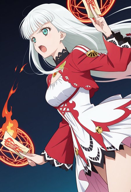 open mouth, ofuda, holding ofuda, serious, casting spell, flame, magic circle, 
cowboy shot, dynamic angle,
BREAK,
<lora:lailahI_illustriousXL_v04:1>
lailahdef, silver hair, very long hair, multicolored hair, blunt bangs, pink hair, aqua eyes, straight hair,
laced collar, breast cutout, jewelry, sidelocks, white dress, red dress, multi-colored dress, long sleeves, red sleeves, wide sleeves, white overskirt,
high heels, red heels,, source_anime, very aesthetic, anime coloring, masterpiece, 
best quality, amazing quality, ultra detailed, very aesthetic, 
detailed background, 
BREAK,, gradient background, dark blue background, particle effects,
