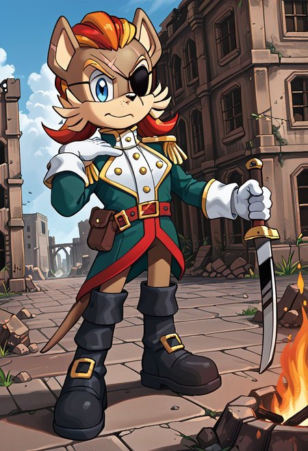 masterpiece, best quality, amazing quality, high detail, absurdres, Patch D'Coolette, male solo, fire on ground, ruins, outdoors, building, weapon, sheathed, tail, looking at viewer, green jacket, black boots, gloves, eyepatch, scar, blond hair, blue eyes, ruble, gray sky