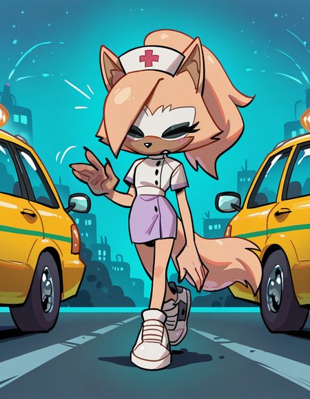 1girl, solo, <lora:knuxze:1> knuxze, no humans, petite,
<lora:Whispangle-Illustrious:0.8> whisper the wolf, wolf ears, wolf tail, brown fur, yellow fur, two-tone fur, closed eyes, nurse, nurse outfit, lavender scrub top, lavender scrub skirt, white sneakers, (long shot), hailing a taxi, detailed face, located in an urban scene at a historic marina during night with clear sky weather, illuminated by headlights of cars, creating a vibrant,hectic atmosphere, extremely detailed, highres, masterpiece, best quality