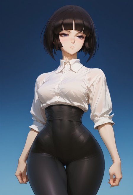score_9_up, score_8_up, score_7_up, Anime_source,score_9, score_8_up, score_7_up, rating_explicit, uncensored ,
1girl, focus, , 
Kivye, black eyes, black hair, short hair, blunt bangs, short hair,
normal uniform,  black pantyhose not transparent ,white shirt,black pantyhose, Battle clothes, 
sexy slender curvy body,  extremely sexy legs,  blush, nose , sexy body, wide hips and narrow waist, ,
