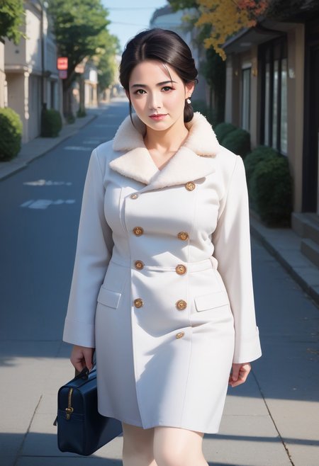 score_9, score_8_up, score_7_up, 35mm photography, highly detailed, sharp focus, source_anime, 1milf,mature  asia housewife, solo，(light blue long coat),Bare knees ,low updo, black hair,(beautiful face), beautiful eyes,eye-shadow,Long eyelashes， perfect cute face, plump face,Round cheeks, dignified，mild ，Long legged，sole，standing,  (satchel)， Street，tree，