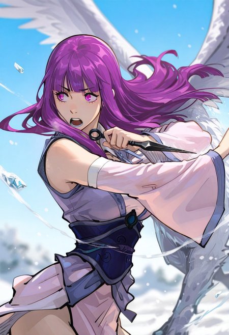 klskx ,  
masterpiece, best quality, amazing quality,
yeziyun, 1girl, lavender eyes, purple hair, long hair, bangs, blunt bangs, breasts, slender, cute, detached sleeves, sash,, 
blurry, blurry background, animal, blue sky, dancing, day, depth of field, dual wielding, ice phoenix, floating hair, winged ice phoenix, kunai, hand kunai, holding, holding kunai, windkinesis, outstretched arm, oversized animal, sideways glance, sky, solo, upper body, snow wind, wide sleeves, wind, snow, perfect eyes, looking away, yelling,