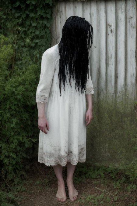 sadako,  horror, scary scene, haunted, ghost, no iris, core_9,score_8_up,score_7_up,score_6_up,score_5_up,score_4_up,
theonryoxl,long black hair,pale skin,hair over one eye,white eyes, dirty white dress with sleeves,
old house,wet,damp, Undead