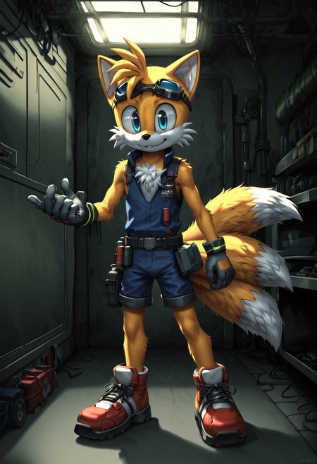 zPDXL3,RE_Engine,score_9_up,score_8_up,score_7_up,detailed,(best quality:1.2),digital media \(artwork\), BREAK, solo,best quality, 1boy, solo male, furry, TailsXL, Tails (sonic the hedgehpg series), blue eyes, gloves, 1boy, bangs, yellow body, yellow fur, blue eyes, dipstick tail, fox, fox ears, fox tail, two tails:1.5,
mechanic uniform, goggles, eyewear on head, repairing aircraft, garage, cyberpunk setting, dynamic lighting, full body