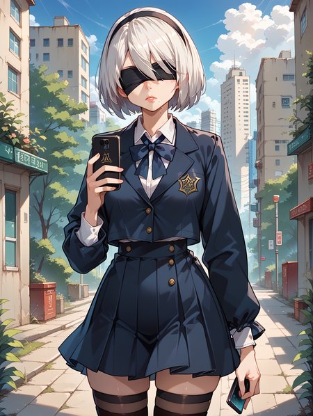 score_9, score_8_up, score_7_up,source_anime,BREAK,
yorha_2b, black thighhighs, mole under mouth, black blindfold,  expressionless, 
school uniform, holding phone, looking at phone, 
<lora:yorha_2b:1>