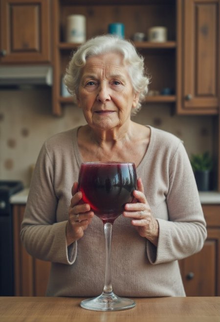 Full to the brim. The image is a photograph of an elderly woman, wrinkles, old, holding a red wine glass in a kitchen. She has a seductive look on her face and is wearing a nightgown.