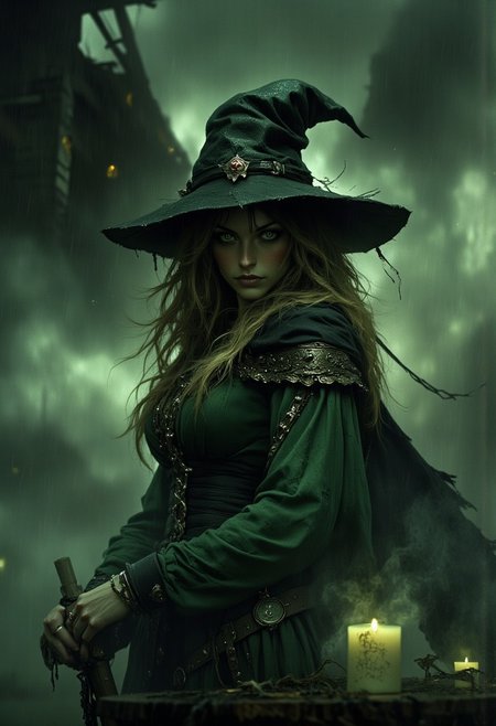 masterpiece, a beautiful female witch, wearing witch hat, gauzy, alluring robes, holding magical staff, materialises from the mist, HD32K, wallpaper, hyperdetailed, mythp0rt, ArsGreenMistWorld, ArsMJStyle, dnddarkestfantasy