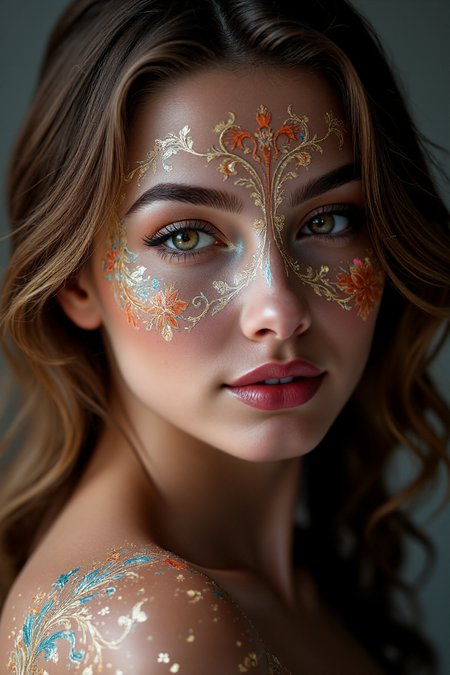 <lora:DGLO_style_v.81:0.75> Intricate, fine, meticulously detailed, swirling floral pattern of a brightly glowing  bodypaint in DGLO style. She has a knowing smile on her face. A part of her bodypaint is painted on her fair skin swimsuit with metal sheen, which covers her subtly, modest form and highlights her slender, young and elegant physique.