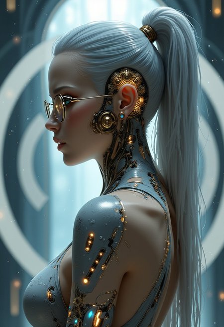 Tall stern cyborg woman with icy stern expression and full ponytail. Glossy shampooed hair, metallic silver hair, hoop glasses with no ear hooks, glowing biomechanical eyes, unusual iris, out of focus background like large circular supercomputer , cyb3rwar3, 3/4ths angle, exposed beautiful body made from mechanical and cybernetic components beneath the skin, long ponytail, ear removed for maintenance revealing the gears on the inside of head ,cyberpunk, bust portrait from the waist up, backless dress, soft chin and long neck, organic gear toothed rails and long swooping brass lines that run along contours of body, underlayer like a window to space with nebulae, steampunk brass