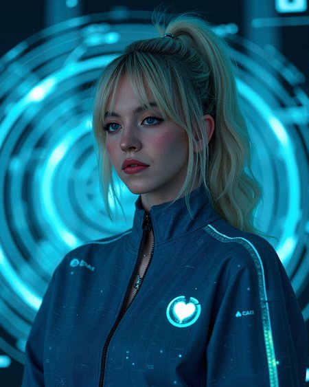 Photorealistic of a potrait shot scene where sw33ny a young and gorgeous beauty as a Holographic Interface Designer with long curly ponytail platinum-blonde hair in the center of a futuristic, holographic interface. The vibrant cyan data rings and geometric shapes from the background are surrounding her, some even seemingly projected from her hands as if she’s controlling the interface. Her partially unzipped circuitry print stylish futuristic engineer uniform and choker contrast with the high-tech environment, creating a visual blend of the modern and the digital.

subtle, dynamic holographic patterns that shift colors along the circuitry of her outfit, integrating her more into the digital environment.faintly glowing circuitry pattern within her outfit’s fabric, creating a futuristic look that suggests advanced material technology. Her heart pendant have a small, glowing core, pulsing with light in sync with the holographic background. Very realistic overall texture composition.

Close-up with a slight frown and her lips pressed together, looking thoughtful or concerned.