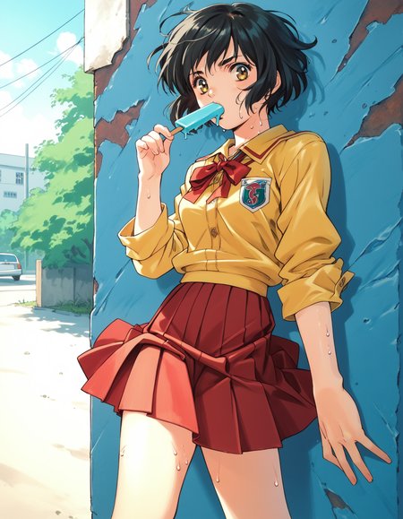 score_9,  score_8_up, score_7_up, <lora:peridot-voice-ponyxl-000022:0.8> inazuka, school uniform, yellow shirt, red ribbon, pleated skirt, red skirt, miniskirt,
solo, popsicle, sweat, summer, storefront, wind chime