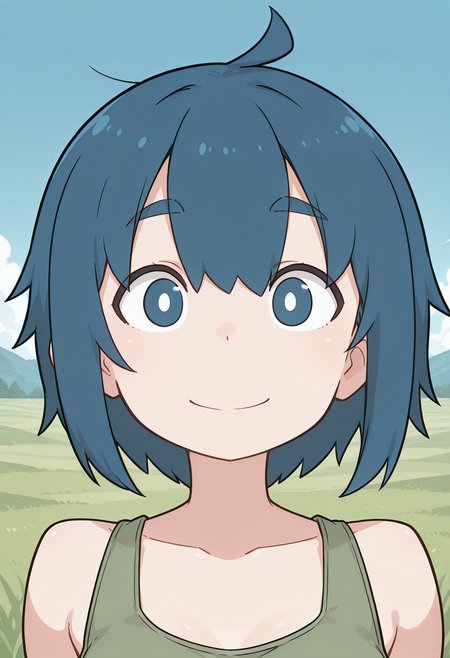 nishihara, thick eyebrows, white pupils, blue hair, short hair, blue eyes, ahoge, green tank top, collarbone, <lora:nishihara_illustrious_ver1:0.8> 
smile,, masterpiece, best quality, sensitive,, 1girl, solo, blue sky, (grasslands:1.2), looking at viewer,, (upper body:1.2), (close-up:1.2), (facing viewer:1.2), (open eyes:1.4), (portrait:1.2)