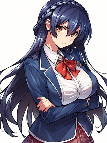 score_9, score_8_up, score_7_up, 
1girl, shiramine hibiki, long hair, crown braid, large breasts, dark blue hair, brown eyes,

blue blazer, red bowtie, plaid skirt, school uniform, standing, crossed arms, frown, looking at viewer, white background, solo,
