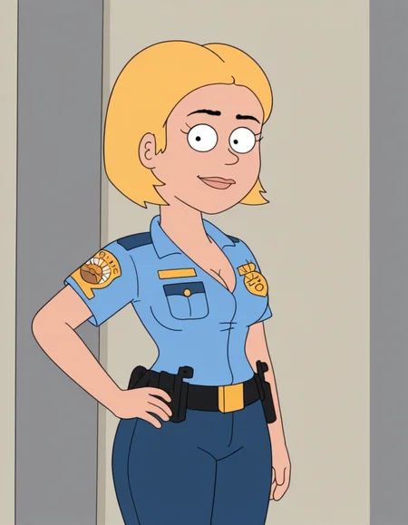 ginaj, 1girl, blonde hair, short hair, breasts, solo, cleavage, uniform, police uniform, pants, belt, looking at viewer, hand on own hip, cowboy shot,light smile, masterpiece, best quality,short sleeves,  amazing qu<lora:GinaJabowskiIllustrios1.0JLFO:1>