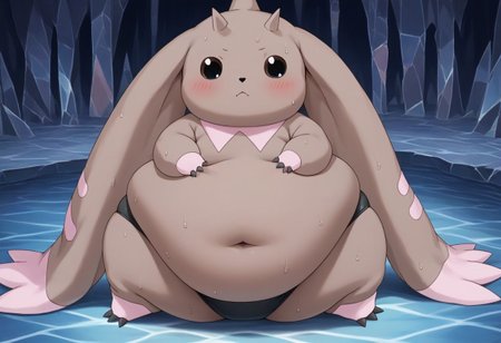 score_9, score_8_up, score_7_up, score_6_up, score_5_up, score_4_up, cute, digimon (creature), solo, brown fur, horns, black eyes, black swimsuit, fluffy, solo, full body shot, ((((obese)))), (horny, blushing, sweating), cave, detailed background, laying in a pool of water, glowing water