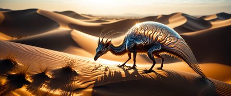 award-winning macro photo, (short depth of field:1.2), (fractal art:0.4), in the sorbsarbled and magical dunes of planet "vargdirly v", the (curious diminutive:1.4) "beastly thudsquark" with its watterlined shimmering fur and long coiled appendages harvests moisture from the whammled air with (delicate translucent membranes:1.1), dry biome, (dappled sunlight:1.1), (intricate details:1.1), (highly detailed:1.1), (creature focus:1.1), dark shadows, highly aesthetic, perfect composition, full panoramic shot, <lora:more_artful-xl:0.4> <lora:midjourney_mimic-xl-by_andrexsel:0.48> <lora:lyco-style-envydramaticlightingxl01_digital_art-xl:0.52> <lora:envybetterhiresfixxl01-xl:0.0:hr=1.0>