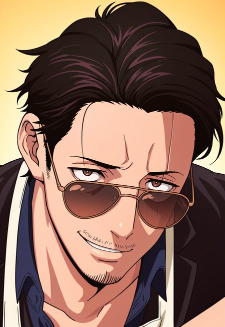safe_pos, source_anime, rating_nsfw, ultra hd, absurdres, solo, masterpiece, best quality, best aesthetic, 1boy, male focus,

HHTatsu, black hair, facial hair, stubble, sunglasses, apron with dog logo, blue shirt, portrait, headshot, looking at viewer, smiling