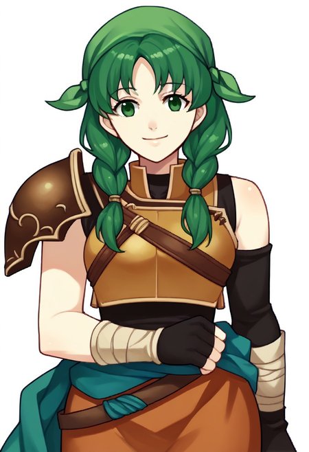score_9, score_8_up, score_7_up, source_anime BREAK 1girl, solo, <lora:zs_FEEchoesPortraitsXL:1> echoesportraits, cowboy shot, solo, white background,ferebecca, smile, twin braids, bandana, sleeveless, breastplate, shoulder armor, asymmetrical gloves, fingerless gloves, skirt, <lora:fireemblem_rebecca_ponyXL:1>,  smile