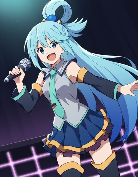 score_9, score_8_up, score_7_up, source_anime, konosubaaqua, <lora:konosuba-aqua-s2-ponyxl-lora-nochekaiser:1>, aqua (konosuba), long hair, blue eyes, hair ornament, very long hair, blue hair, hair rings, single hair ring, hair bobbles,, <lora:hatsune-miku-cosplay-ponyxl-lora-nochekaiser:1>, hatsunemikucosplay, hatsune miku \(cosplay\), aqua necktie, black footwear, black skirt, black sleeves, boots, collared shirt, detached sleeves, grey shirt, necktie, pleated skirt, shirt, skirt, sleeveless, sleeveless shirt, thigh boots, tie clip,, stage, stage lightings, singing, microphone, holding microphone, open mouth, smile,, cowboy shot, dutch angle,