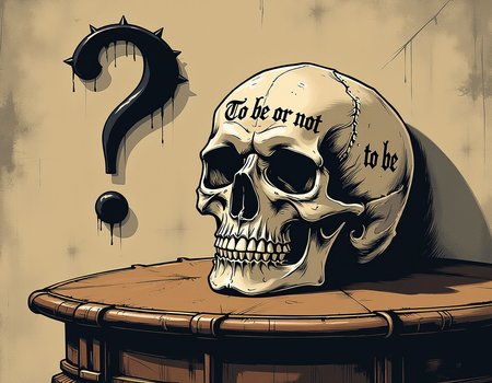 d4rkc0mic A skull rests on an ornate wooden table, and inscribed on the bone in fine script is âTo be, or not to be.â The question mark forms a shadow on the wall behind it, almost as if the skull itself is pondering the meaning        <lora:dark-comic:0.8>