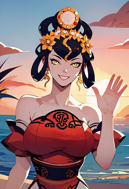 score_9, score_8_up, score_8, nuwasmt, black hair, hair ornament, yellow eyes, red dress, bare shoulders, large breasts, jewelry, chinese clothes, on knees, beach, sunset, seductive smile, waving hand, upper body, flat color,