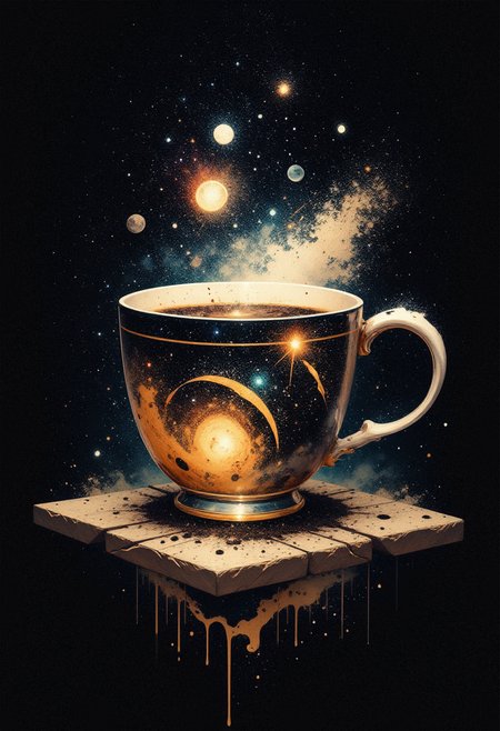 A giant cup of steaming coffee with a galaxy swirling inside it instead of liquid. The stars and planets rotate slowly within the cup, while the steam rises in the form of nebulae and cosmic dust. The table the cup sits on appears to be a piece of floating asteroid in the middle of deep space, with glowing distant stars and meteorites visible in the background. The cup itself is made of transparent crystal, reflecting the galaxy within, creating a mesmerizing, otherworldly scene.   <lora:aidmaInkStyle-FLUX-V0.1:1> aidmainkstyle,