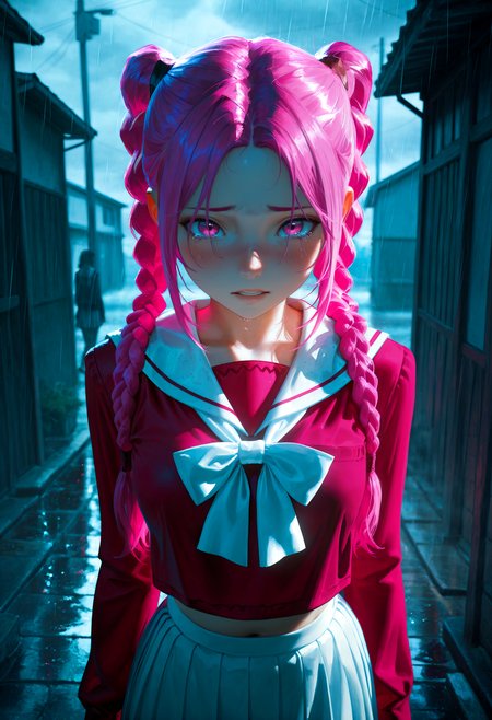 HDR, 8K, high contrast, masterpiece, best quality, amazing quality, very aesthetic, superabsurd res, high resolution, ultra-detailed, absurdres, newest, scenery, (horikoshi kouhei:0.3), (quasarcake:0.3), (wlop:0.3), light rays, chiaroscuro, epic, dramatic, wide angle, fisheye lens, straight on, face focus, close up, upper body, solo, 1girl, tnt_stella, freckles, pink eyes, pink hair, long hair, (high twintails, twin braids), parted bangs, small breasts, plump lips, curvy, school uniform, sleeves past wrists, midriff peek, pleated skirt, white bowtie, white skirt, white serafuku, long sleeves, white bow, ribbon, pink shirt, blush, bedroom eyes, (tears:1.3), standing, arms relaxed at side, looking at viewer, parted lips, melancholy, portrait, outside, street, rain, overcast, fog, godrays, stardust, backlighting, partially illuminated, Intricately designed, Mysterious, BREAK, photorealistic, beautiful detailed eyes, detailed skin, detailed hair, volumetric lighting, dappled light, light particles, dramatic shadows, cinematic lighting, depth of field, <lora:ponyxl\cfg_scale_boost:0.8> <lora:IL\KMS_TNT_Stella_IL-000005:0.8>