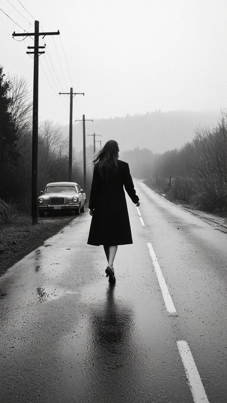 black-and-white photograph captures a solitary woman walking on a wet, glistening road that curves gently to the right. The woman, positioned centrally, is dressed in a long, knee-length coat and high-heeled shoes, suggesting a 1950s or early 1960s style. Her hair is long and flows freely as she walks, creating a sense of movement. The road reflects the overcast sky, contributing to the moody and melancholic atmosphere. 
In the background, a vintage car is visible, parked on the left side of the road, adding to the nostalgic feel. The car is covered in a thin layer of mist or fog, blending into the background. The road is bordered by tall, wooden utility poles on both sides, with power lines stretching across the sky, creating a sense of isolation and desolation. The horizon is indistinct, merging with the mist, further emphasizing the gloomy mood. 
The image is high-contrast, with deep shadows and bright highlights, enhancing the dramatic effect. The textures are rich, from the wet road to the roughness of the utility poles, and the overall composition evokes a sense of solitude and introspection.,aidmaimageupgrader, aidmaMJ6.1 <lora:aidmaImageUprader-FLUX-v0.3:0.4> <lora:aidmaMJ6.1-FLUX-v0.5:0.7>