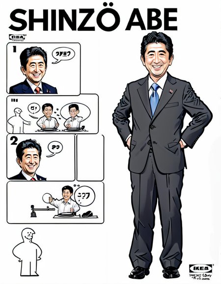 <lora:ikea_instructions_xl_v1_5:1> comic, (Shinzo Abe:1.1), smiling, Shinzo Abe, cartoon