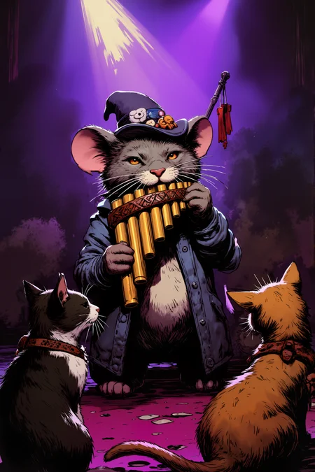 a mouse on stage in a big club playing a panflute while the cats are watching , detailed background  Fantastic lighting. Detailed shadows.intricate details, vivid colors, hyper-detailed, ultra-sharp, <lora:PANFLUTE_FLUX>, <lora:Ev_Ganin:0.4><lora:Vintage comic book:0.4><lora:RetroAnimeFluxV1:0.15><lora:Greg_Capullo_style:0.4><lora:jeanClaude_Mzires_Style_FLUX-000001:0.4><lora:Flux_Ink_Anime:0.4>