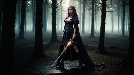 a long pink-haired wavy hair woman in a dark,misty forest. She stands confidently with a glowing sword,wearing a black,gothic-style dress with a flowing cape. The scene is eerie,with tall,bare trees and a dense fog. The woman's intense gaze and the dramatic lighting create a mystical atmosphere. The image combines elements of dark fantasy and medieval themes.,<lora:yuukananri-base-02-flux:0.8>,yuukananri,she has a slender physique and a petite build,,