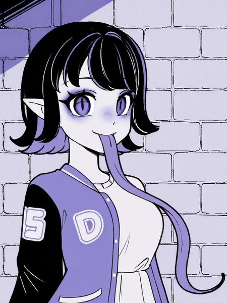 1girl, monochrome, purple theme, 

medium hair, black hair, two tone hair, purple hair,
white t-shirt, varsity jacket, 
looking at viewer, smile, closed mouth, very long tongue, tongue out, slit pupils, pointy ears, 
brick wall, upper body, 
