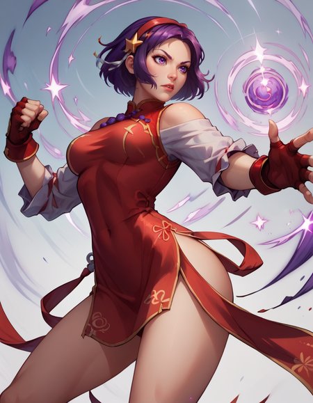 score_9, score_8_up, score_7_up,score_6_up, score_5_up, score_4_up ,1girl, solo,
large breasts,
athenaasamidg,
short hair, hair ornament, purple eyes, purple hair, 
chinese clothes, china dress, fingerless gloves, star hair, red hairband, 
fighting stance,
from below,
magic, 
 <lora:AthenaAsamiDG PonyXL v01-000003:0.90>