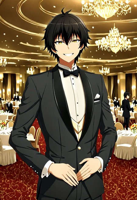 high resolution, solo, best quality, 1Boy, Seiya Kanie, black hair, short hair, thin, luxury hotel, Ballroom, tuxedo, smile, confident, OverallDetail